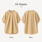 Tan women’s short-sleeve blouse front and back, stand collar with button placket