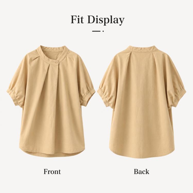 Tan women’s short-sleeve blouse front and back, stand collar with button placket