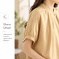 Women’s vintage overlap-collar short-sleeve shirt, beige with gathered puff sleeves