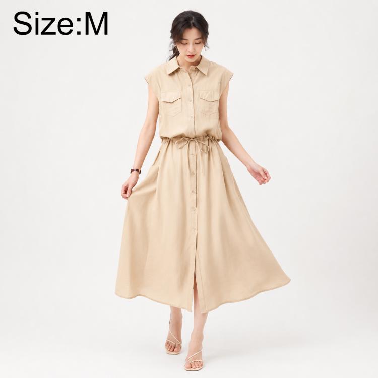 Khaki sleeveless lapel button dress with chest pockets and tied waist, size M