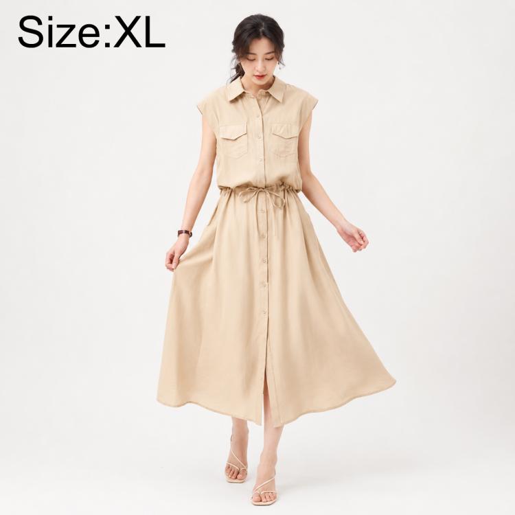 Khaki sleeveless lapel button dress with chest pockets and tied waist, size XL