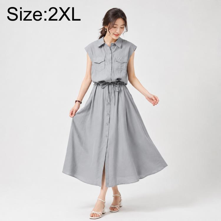 Women’s sleeveless shirt dress, size 2XL, lapel collar, button front, gray tie waist