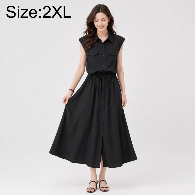 Black sleeveless lapel button dress with chest pockets and tied waist, size 2XL
