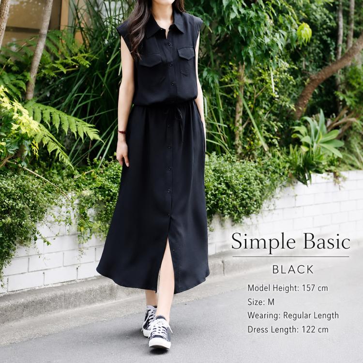 Women’s sleeveless black shirt dress with lapel collar, button front, tie waist