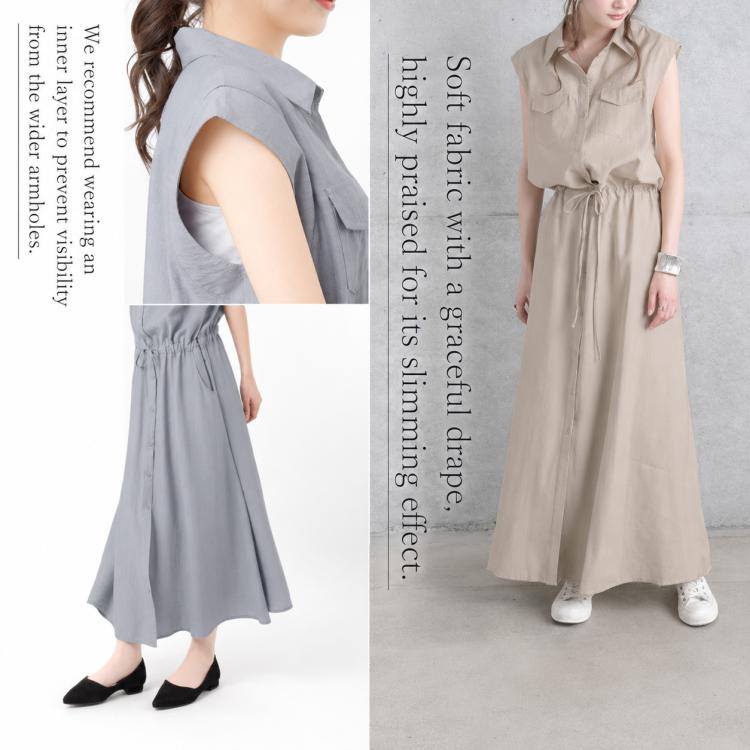 Women’s sleeveless shirt dress with lapel collar and tie waist, gray