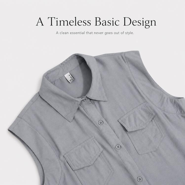 Gray sleeveless shirt dress neckline with lapel collar and button placket
