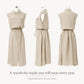 Beige sleeveless shirt dress with lapel collar, button front, tie waist (multiple views)