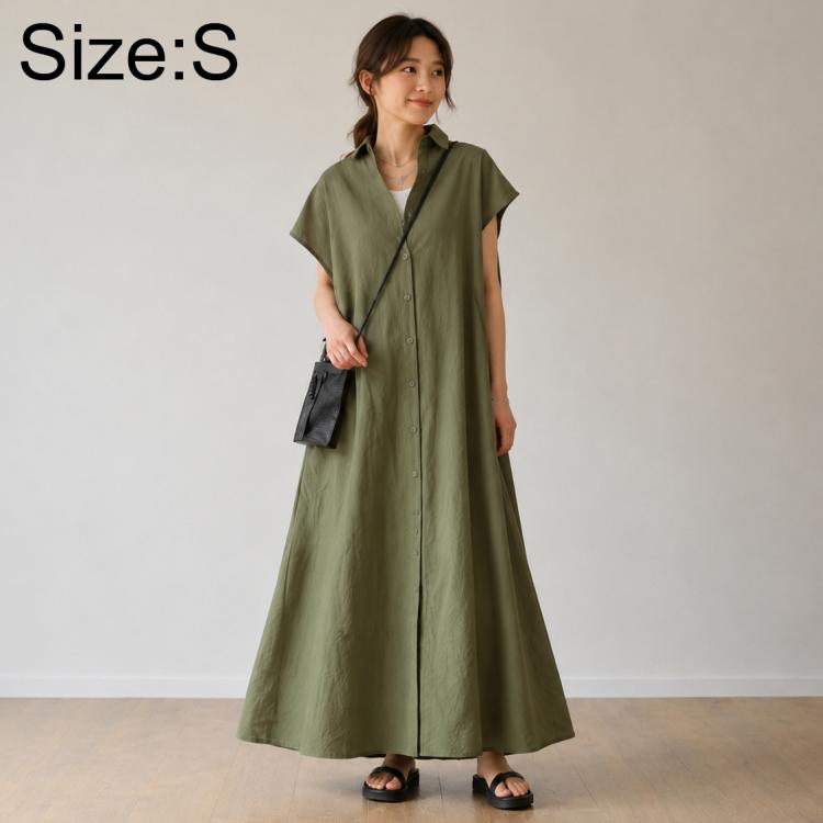 Olive green long shirt dress with short sleeves, V-neck, front button placket