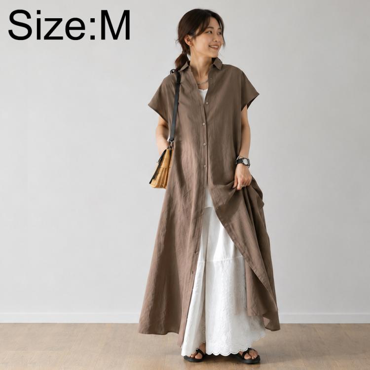 Taupe-brown short-sleeve shirt dress with V-neck and button-front, layered over white