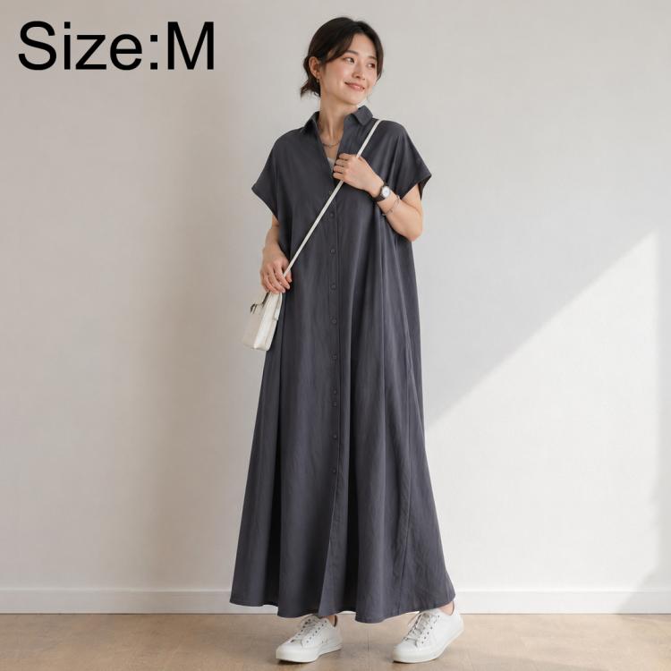 Dark gray short-sleeve lapel shirt dress, button-front, flowing maxi length, Size M