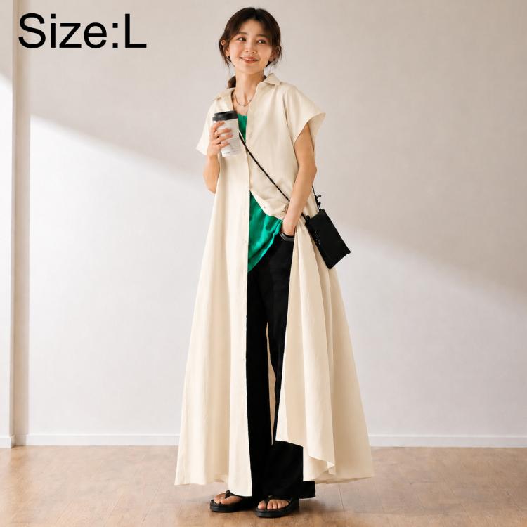 Beige short-sleeve lapel shirt dress, button-front, flowing maxi length, Size L