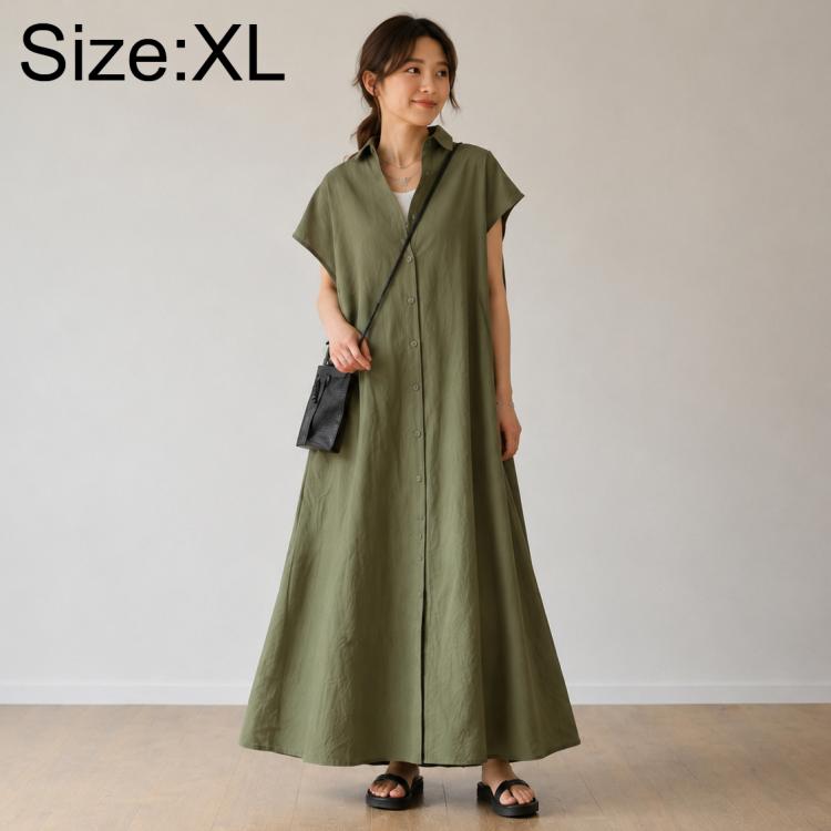 Olive green long A-line shirt dress with short sleeves and V-neck