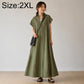Olive green button-front shirt dress with short sleeves, flowing A-line hem