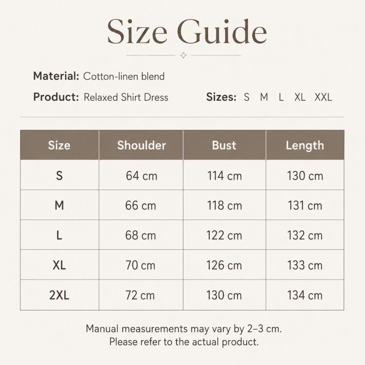Size guide chart for relaxed shirt dress, cotton-linen blend with shoulder, bust, length