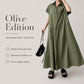 Olive green short-sleeve maxi shirt dress with button-through front and draped hem
