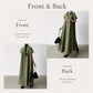 Olive green shirt dress front and back views with lapel collar and gathered back