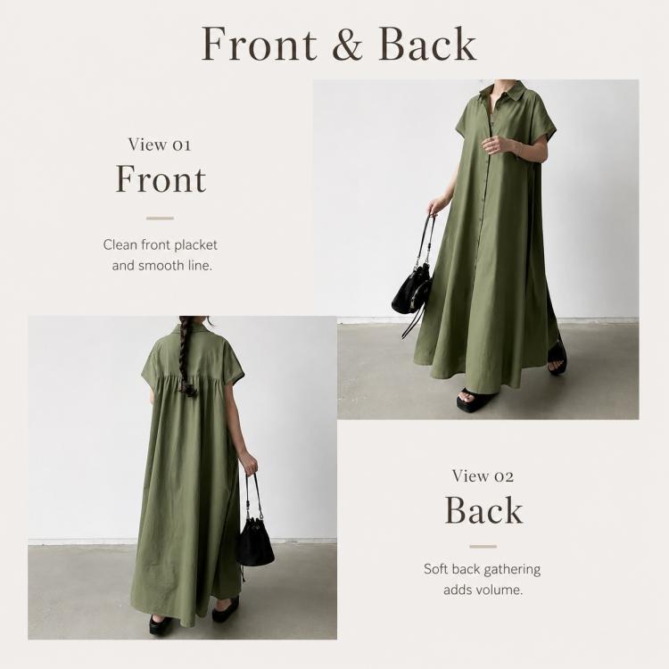 Olive green shirt dress front and back views with lapel collar and gathered back