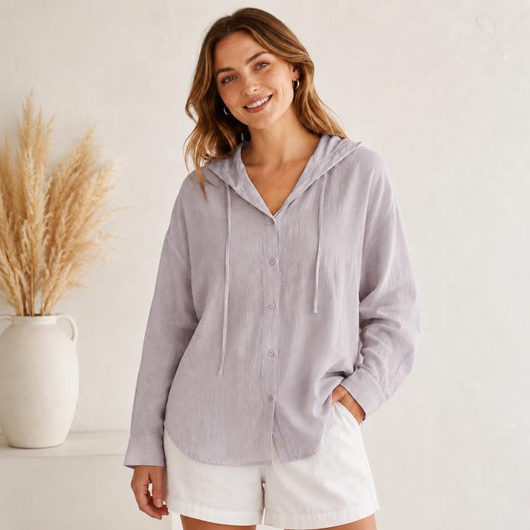 Lavender hooded linen sun coat with long sleeves, button front, and drawstring hood