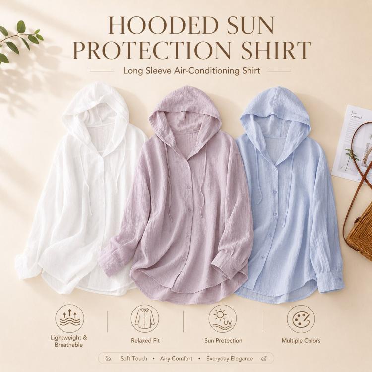 Hooded sun protection shirt in white, pink, and light blue, long-sleeve linen