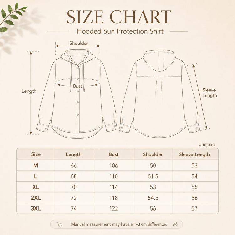 Size chart for hooded sun protection shirt with measurements for M to 3XL