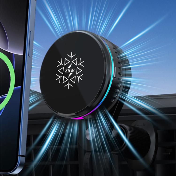 Black magnetic wireless car charger with glowing blue LED ring, circular face