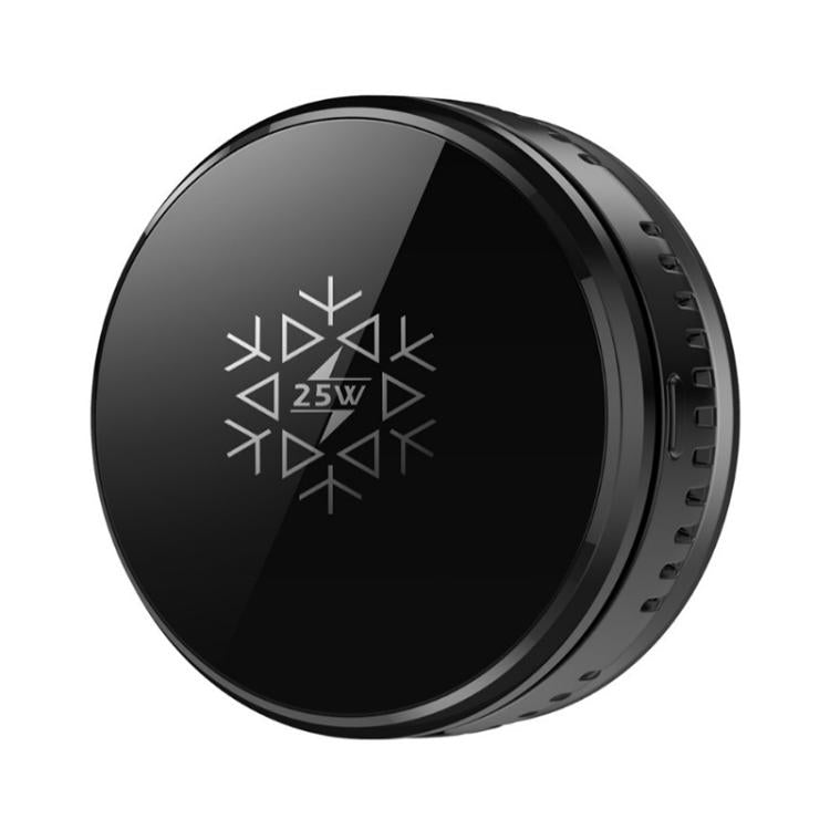 Black magnetic wireless car charger, glossy circular front with 25W marking