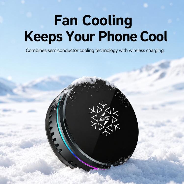 Black magnetic wireless car charger with cooling fan vents, 25W fast charging holder