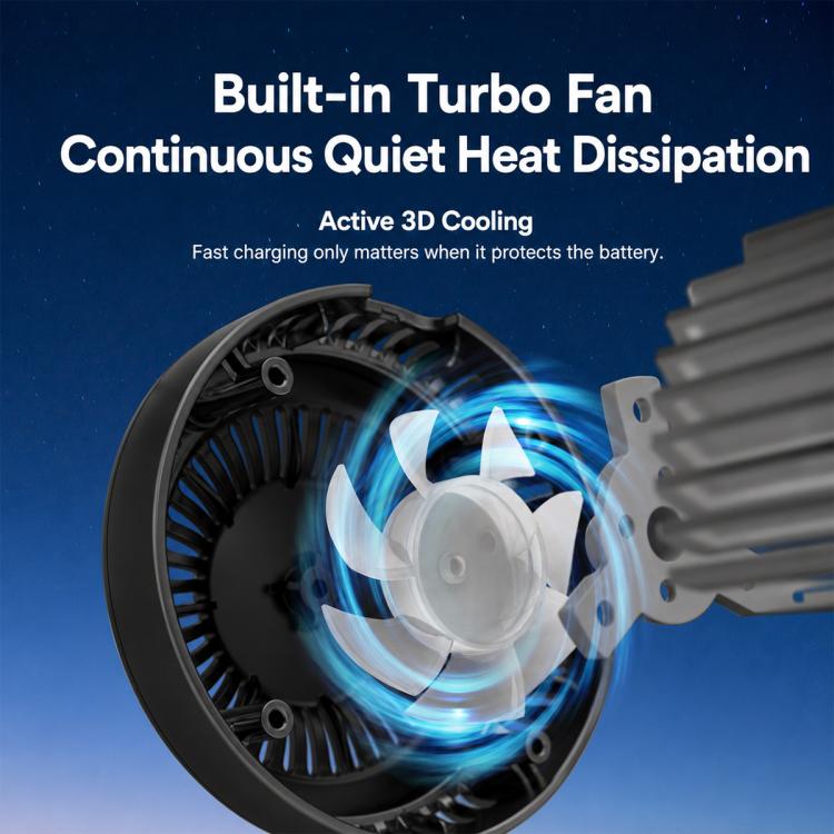 Black wireless car charger with built-in turbo cooling fan and vented faceplate
