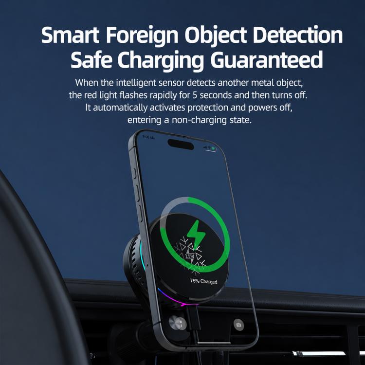 Magnetic wireless car charger holder with a phone charging, green power indicator ring