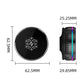 Black wireless car charger with side and front dimensions, circular magnetic face