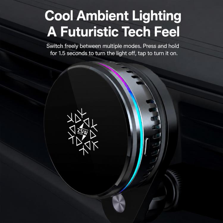 Black magnetic wireless car charger with RGB LED ring, angled on dashboard