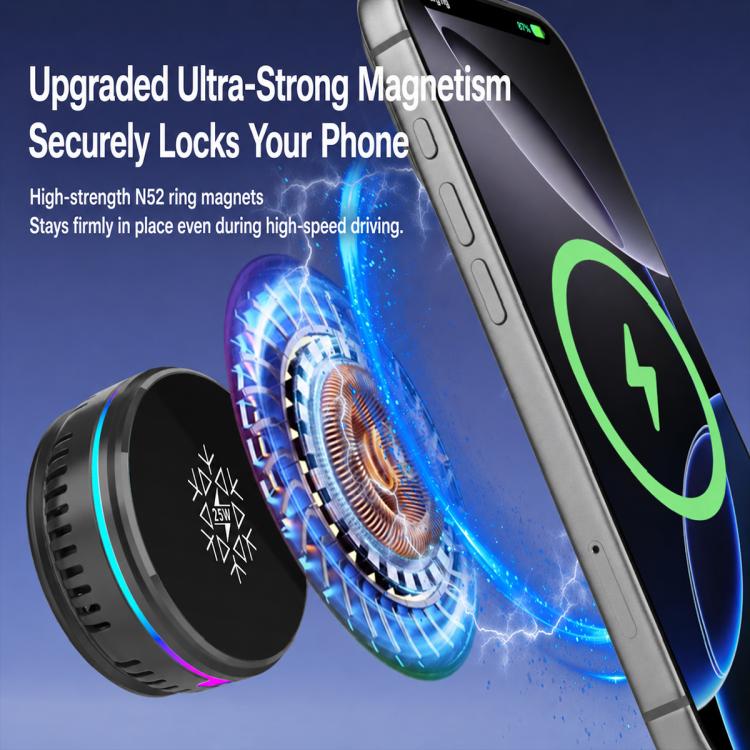 Black magnetic wireless car charger with blue LED ring, phone magnet attachment