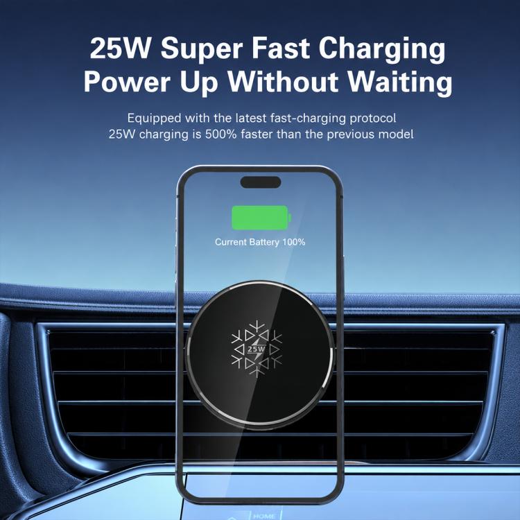 Black wireless car charger holder on dashboard vent, subtle glowing LED ring
