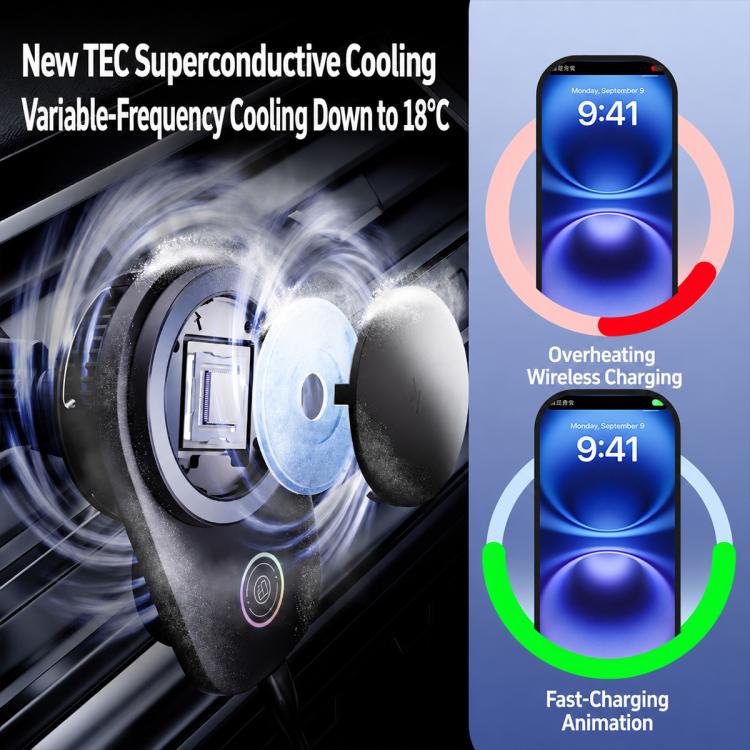 Magnetic wireless charging holder with cooling fan housing and phone in cradle