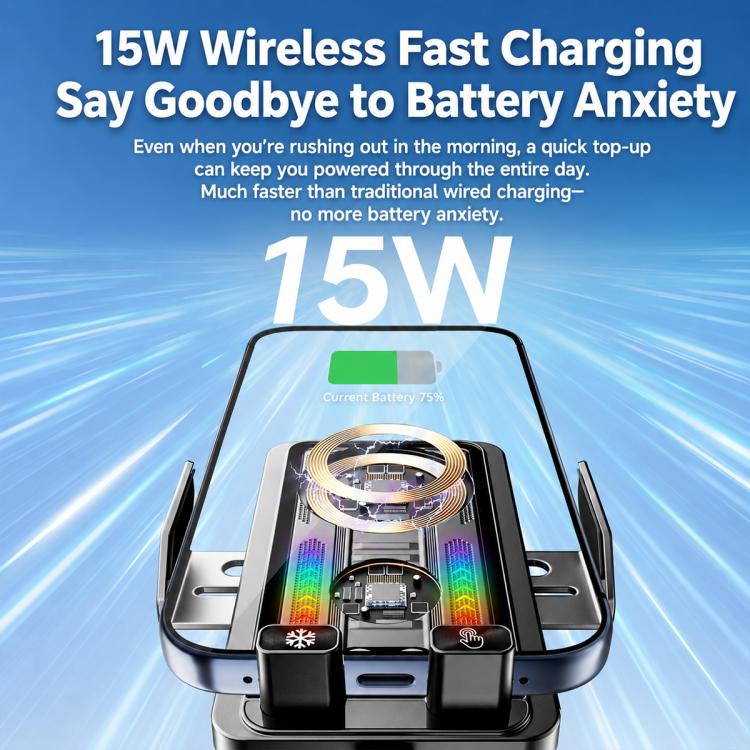 Black wireless fast charging car holder with charging coil and LED cooling lights
