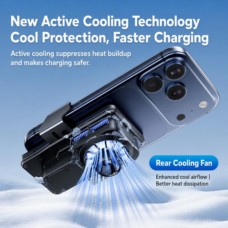 Black wireless magnetic car charger with rear cooling fan and clamp base