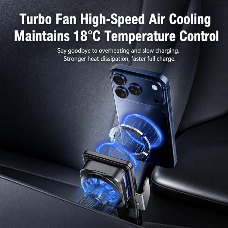 Wireless magnetic car air outlet charger holder with cooling fan and mounted phone