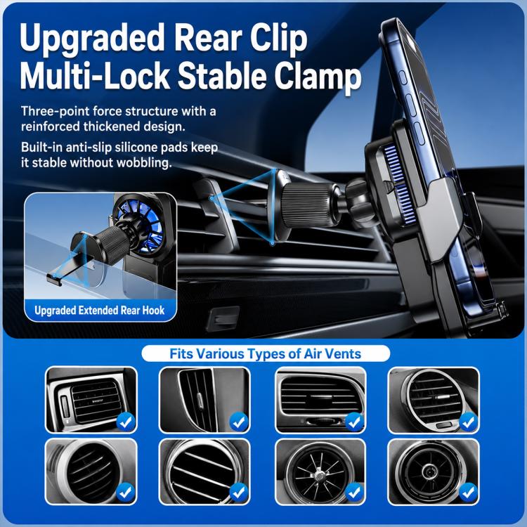 Magnetic cooling wireless car charger holder with vent clip and phone clamp
