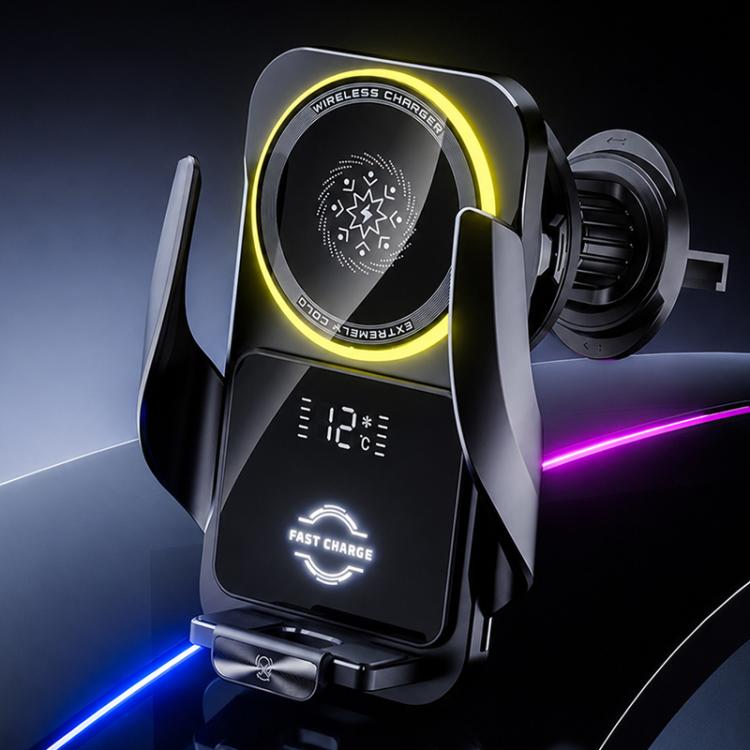 Black magnetic wireless car air outlet charger with cooling ring and fast-charge display