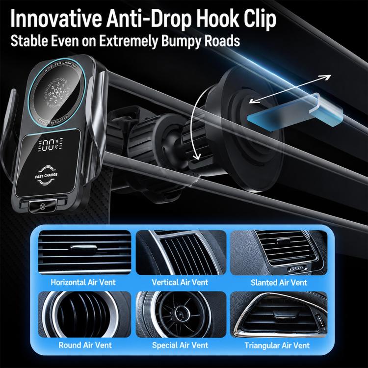 Car air vent magnetic wireless charger with anti-drop hook clip for vehicle vents