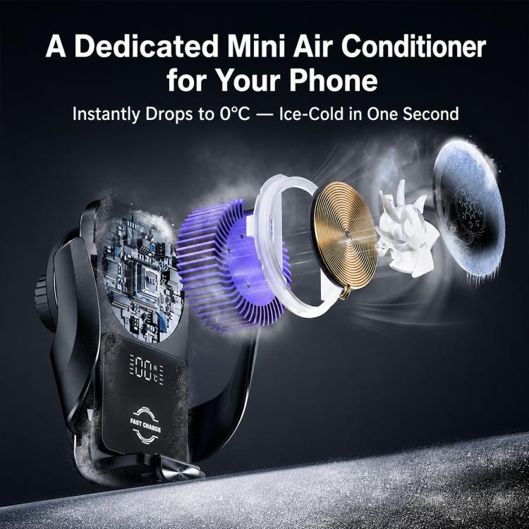 Compact wireless car charger with cooling fan and ice-cold style mist burst