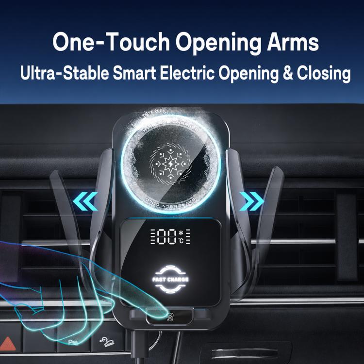 Wireless car air outlet charger with one-touch opening arms and blue light indicators