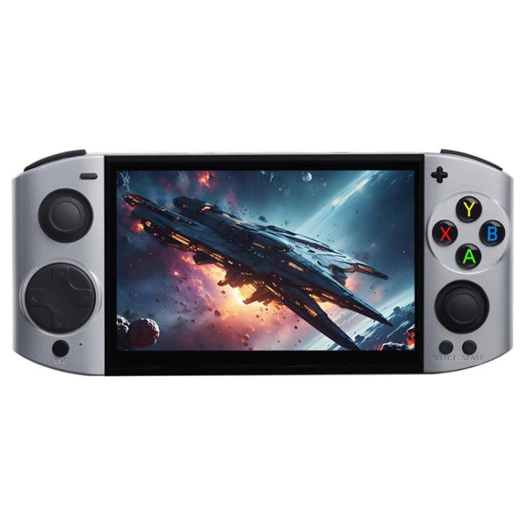 Light gray handheld game console with 5.1-inch screen, dual joysticks, and button controls.