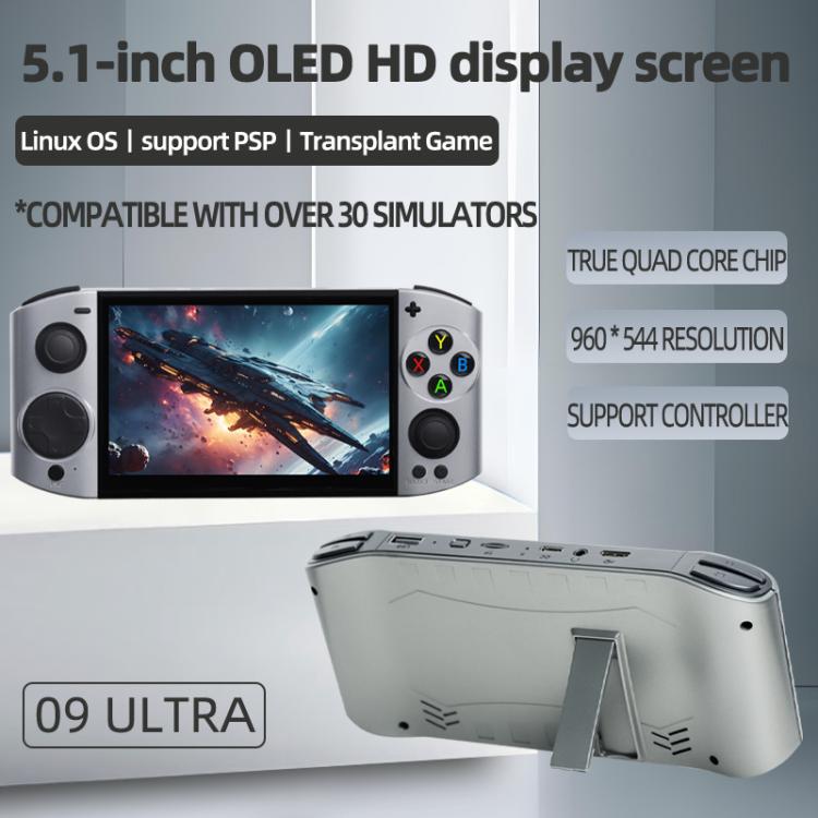 Light gray handheld game console front view with 5.1-inch OLED HD display and side controls.