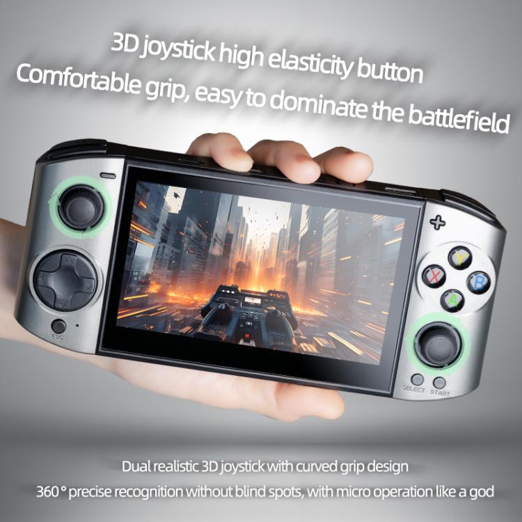 Handheld game console in hand with dual joysticks, action buttons, and 5.1-inch screen display.