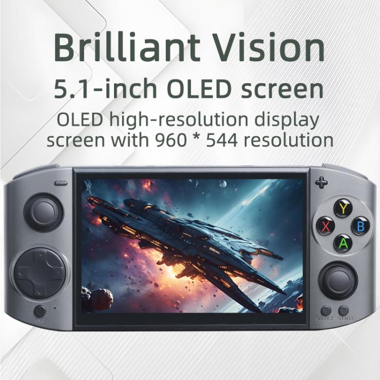 Light gray handheld game console with 5.1-inch OLED screen, D-pad, and four action buttons.