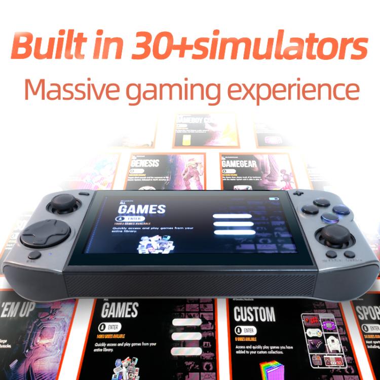 Front view of a gray handheld game console with built-in menu on the 5.1-inch display.