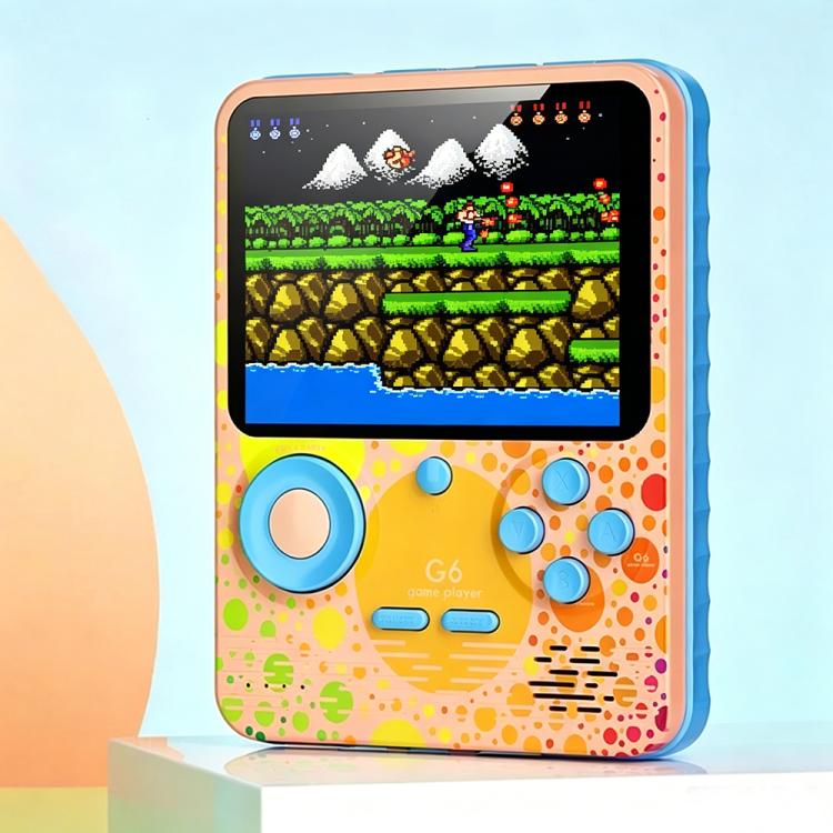 Orange and blue handheld game console with 3.5-inch screen and circular control