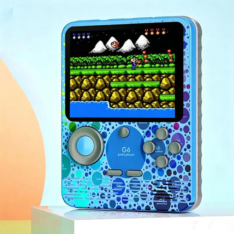 Blue handheld game console with 3.5-inch screen and circular control buttons