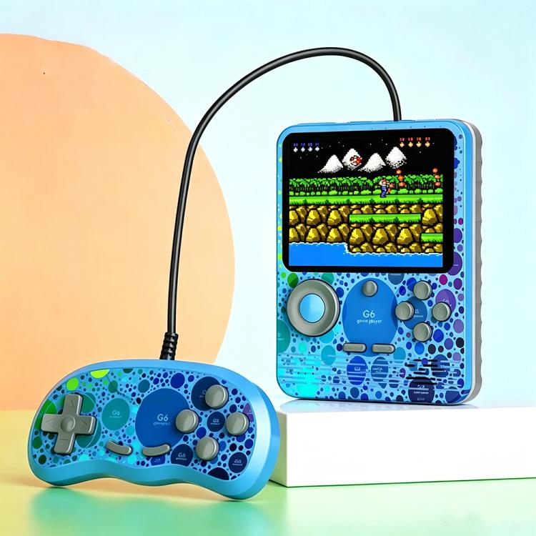 Blue handheld game console with handheld gamepad controller and directional buttons